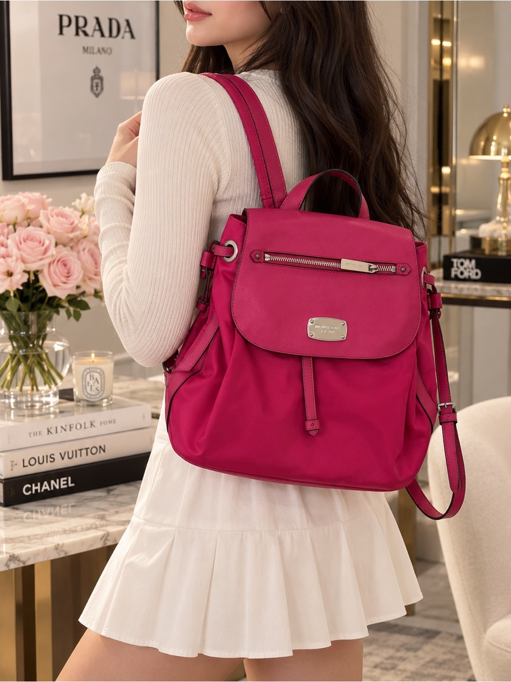 Michael Kors Barbie Fuchsia Pink Nylon Backpack Silver Hardware